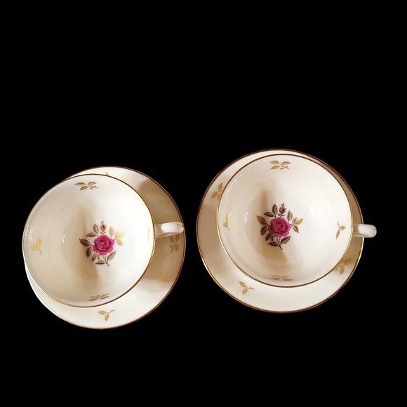 Lenox Rhodora Fine China Set Cup & Saucers P471 Pink Rose Gold Leaf - Picture 2 of 9